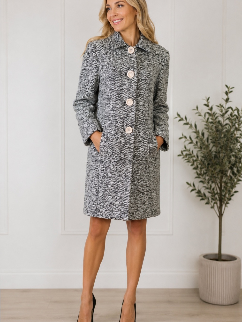 Vintage 90’s Marvin Richards black & white Tweed Button-Front Midi Dress Coat